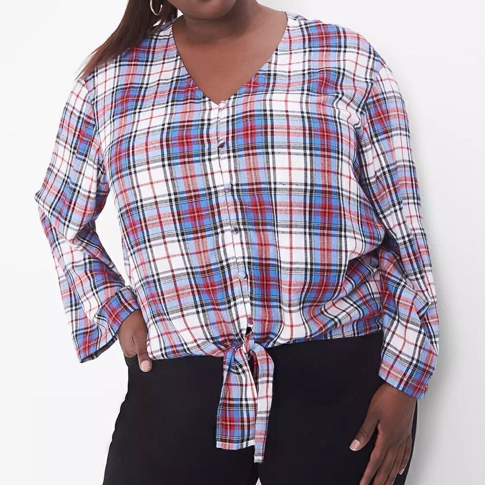 NWT LANE BRYANT Classic Plaid Button Down Tie Hem Top Size 20
